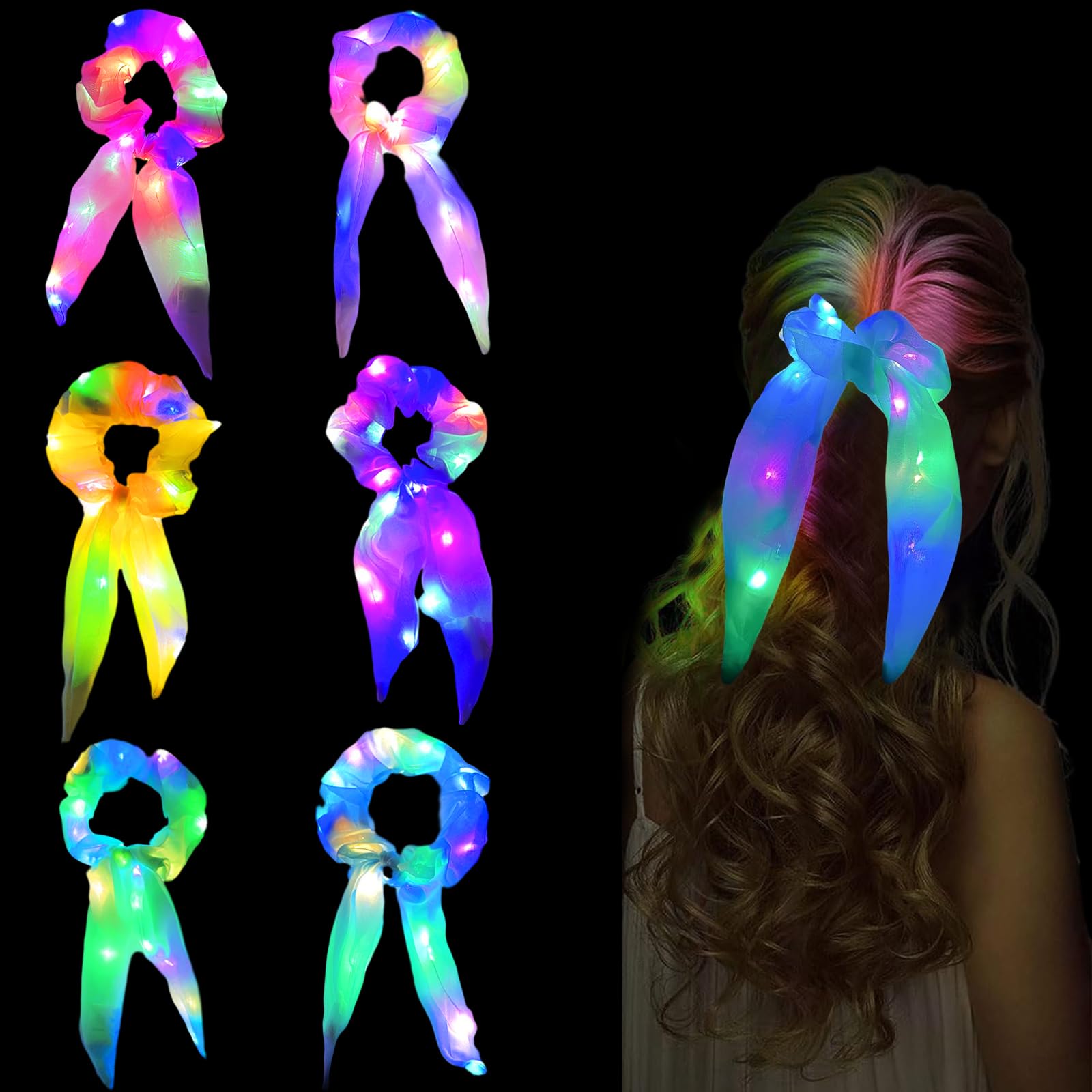 6 Pcs Luminous Hair Ties, LED Hair Scrunchies for Women, Light up Hair Band Ponytail Holder, 3 Colors LED Hair Strap, Light Modes LED Glow Hair Accessories for Halloween Rave Glow Party Festivals