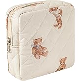 Small Quilted Cotton Makeup Bag for Purse, Cosmetic Bag with Compartments, Cotton Aesthetic Makeup Bag, Travel Toiletry Pouch, Key Pocket Lipstick Bag Card Holder Data Cable Organizer(01White Bear)