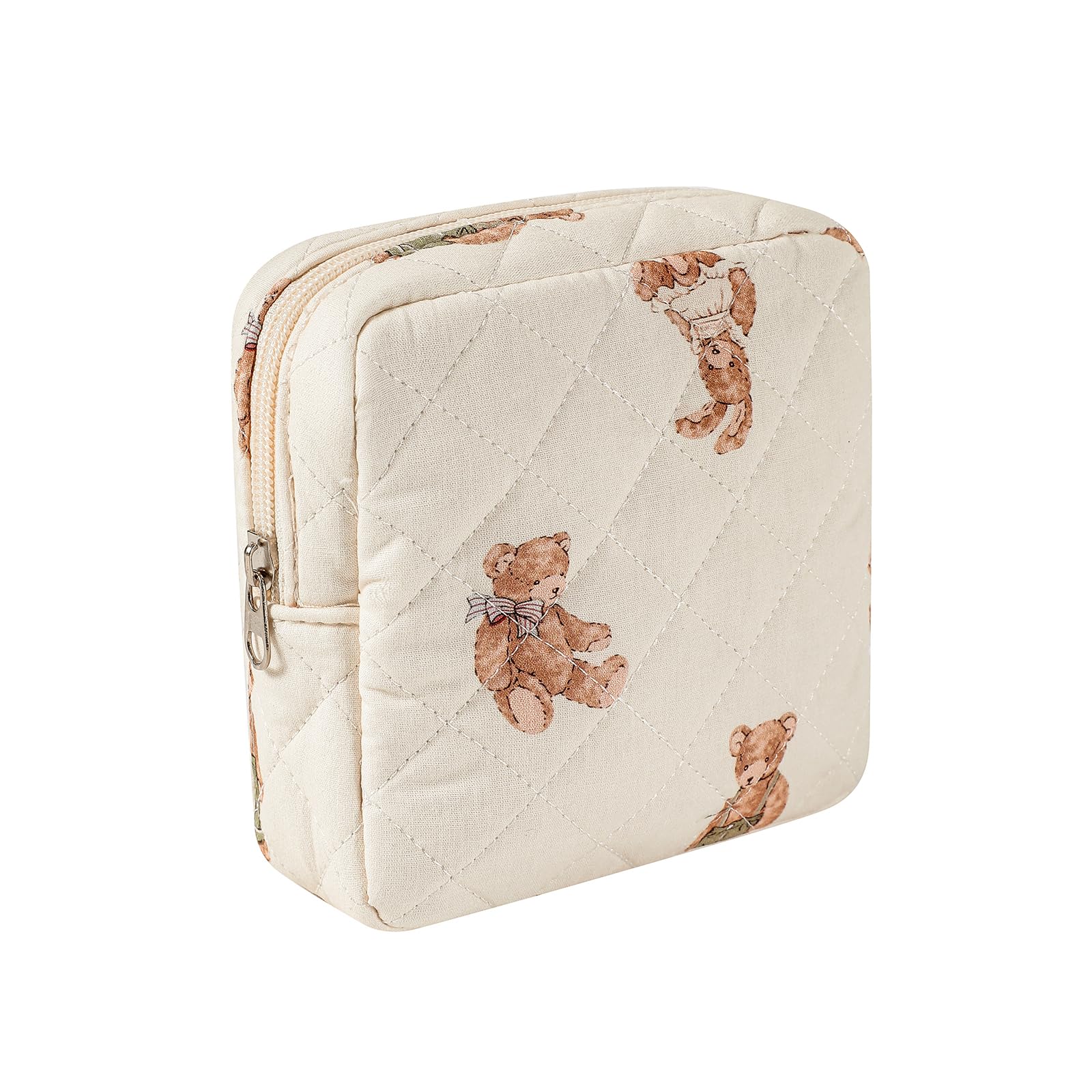 Photo 1 of Small Quilted Cotton Makeup Bag for Purse, Cosmetic Bag with Compartments, Cotton Aesthetic Makeup Bag, Travel Toiletry Pouch, Key Pocket Lipstick Bag Card Holder Data Cable Organizer?01White Bear?