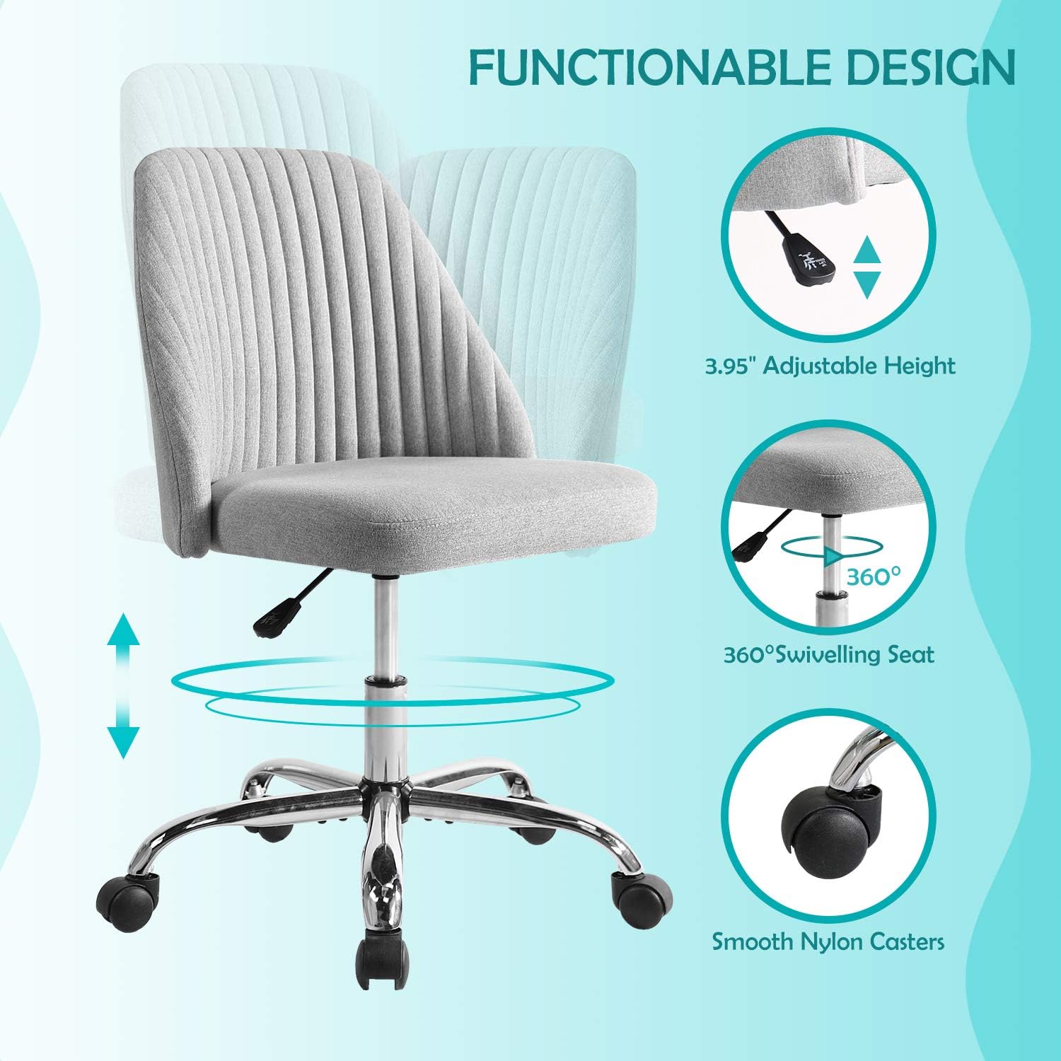 Rimiking Home Office Modern Twill Fabric Adjustable Mid-Back Task Ergonomic Executive Chair, Gray: Furniture & Decor
