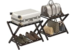 Bambition Fully Assembled Luggage Rack Set of 2, Bamboo Folding Suitcase Stands for Guest Room, Heavy Duty Frame and 6 Strong Nylon Straps