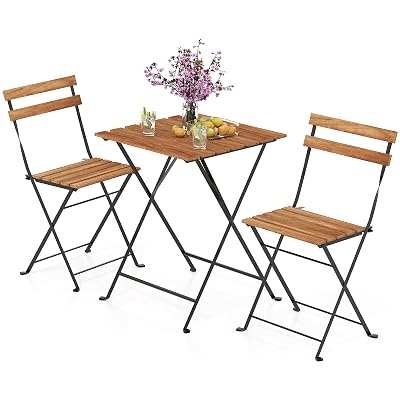 Tangkula 3 Pieces Patio Dining Set, Outdoor Square Table and Folding Chairs with Metal Frame, Space Saving Furniture Set for Yard Porch Deck Backyard