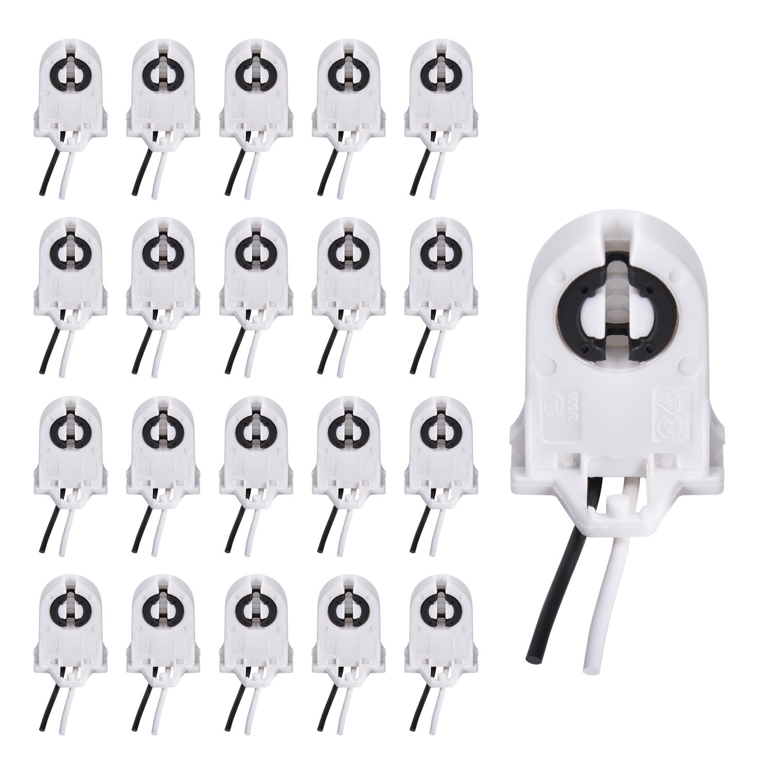 Screw Type T8 Lamp Holder with wires JACKYLED 20-Pack UL Non-shunted Light Socket For LED Fluorescent Tube Replacements