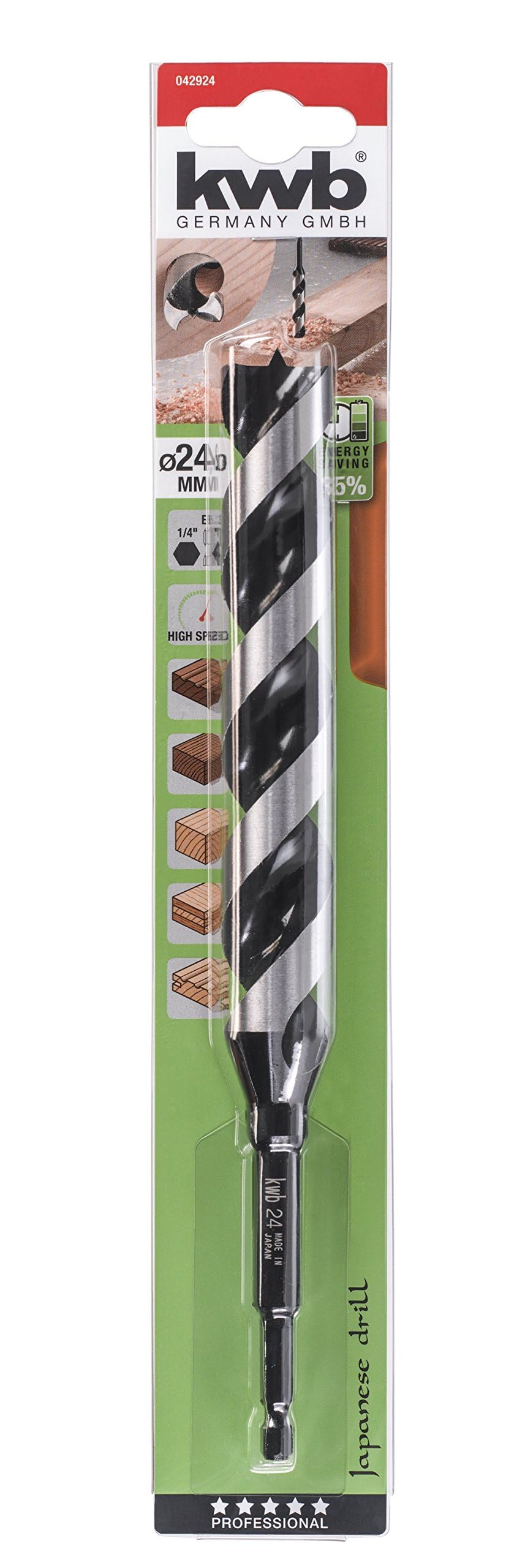 kwb 3-S Japan Snake bit Ø 24 Mm, 235 Mm Made of Bright-Ground Cv Steel with Super-Sharp Point Grinding, Centre Point and E 6.3 Shank