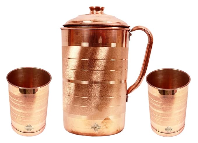 IndianArtVilla Copper Jug Pitcher with 2 Glass Tumbler, Drinkwrae & Tableware Set, Yoga, 3 Pieces