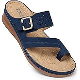 TEMOFON Flip Flops for Women Summer: Arch Support Comfortable Walking - Dressy Wedge Sandals Slip on - Navy Blue Open Toe Sandals Size 9