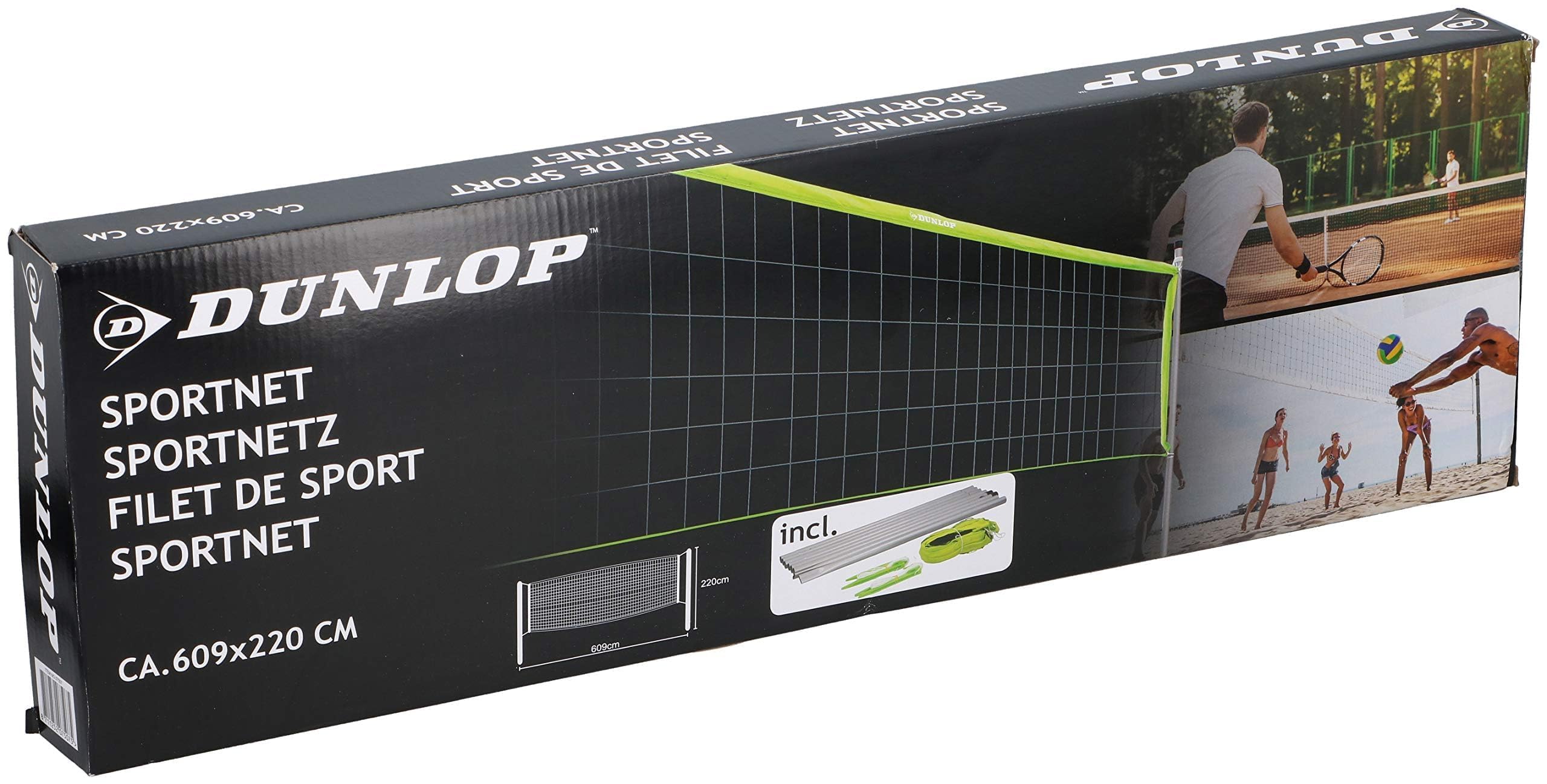 Dunlop Sport Net 609 x 220 cm - Volleyball Net - Tennis Net - Badminton Net - Complete Set with Poles, Net, Ground Anchors and Tension Ropes - Versatile - Green/Black