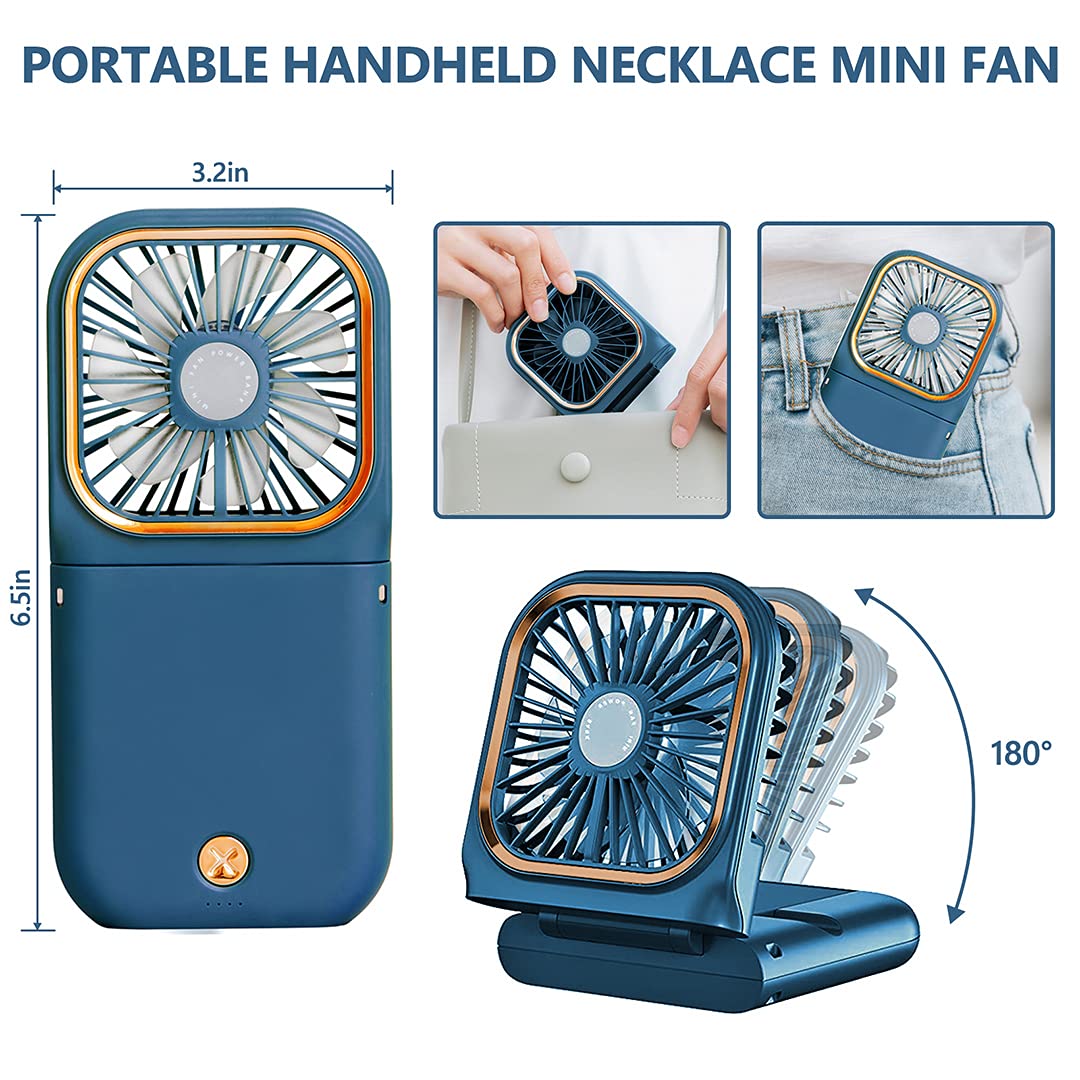 Portable Handheld Personal Necklace Fan Foldable Mini Quiet USB Rechargeable Fan With Mobile phone bracket function, 3000mAh Power Bank Hands Free Necklace Fans (Upgrade Blue)