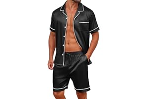 Vssjavun Mens Satin Silk Pajamas Sets Short Sleeve Button-Down Sleepwear Two Piece Loungewear with Pockets