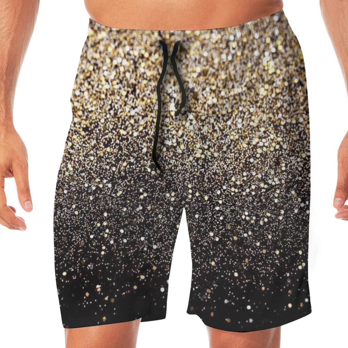 Mens Beach Board Shorts Gold Glitter Black Golden Dots with