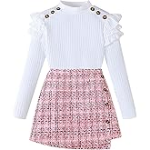 Coaturi Girl Fall Clothes Sets: 2 Piece Fall Winter Outfit Long Sleeve Ruffle Top Mini Plaid Skirt for Tween Girl 8-12 Years