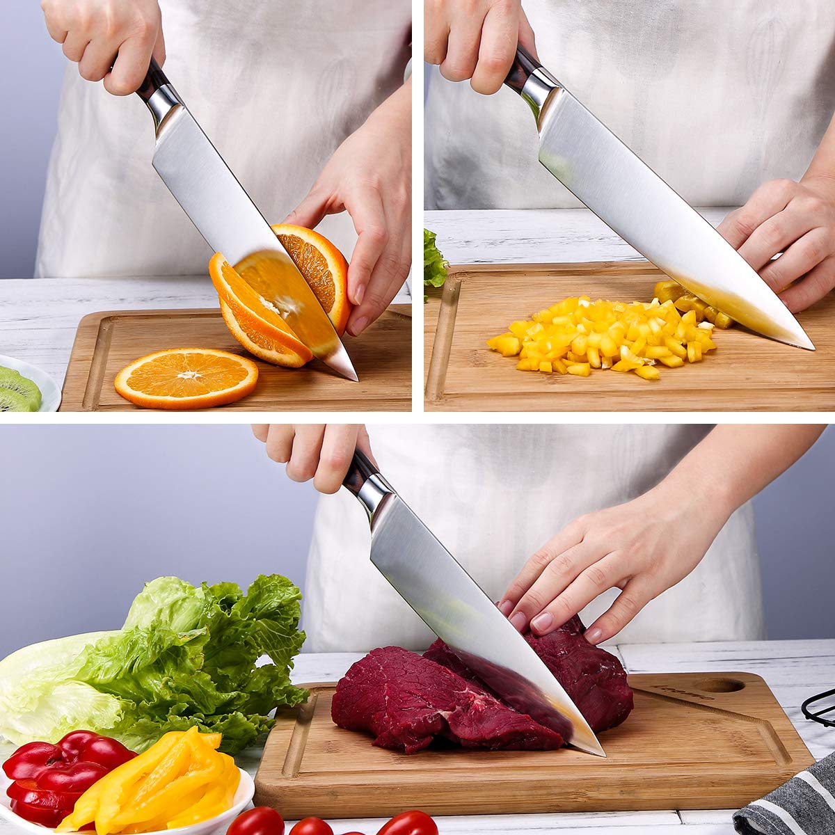 Kochmesser 20cm, CUSIBOX Küchenmesser aus rasiermesserscharfem Hartstahl, Profi Chefmesser, Scharfe Fleischmesser, Allzweckmesser mit Ergonomischer Holz-Griff