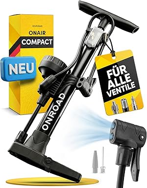 Fahrradpumpe alle Ventile (Presta/SV, AV, DV) – Luftpumpe Fahrrad ON‑AIR mit großem Manometer, Adaptern & Ballnadel, Leistungsstarke & hochwertige Standpumpe – Pumpe für Unterwegs & Zuhause