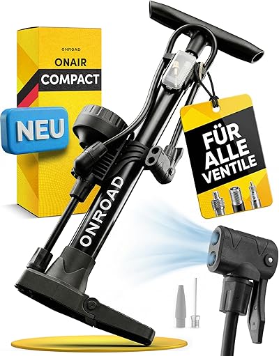 Fahrradpumpe alle Ventile (Presta/SV, AV, DV) – Luftpumpe Fahrrad ON‑AIR mit großem Manometer, Adaptern & Ballnadel, Leistungsstarke & hochwertige Standpumpe – Pumpe für Unterwegs & Zuhause