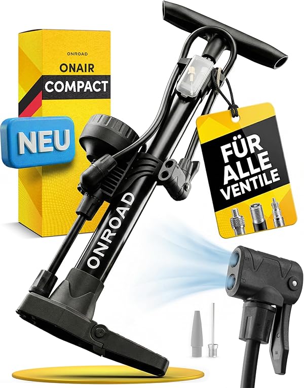 Fahrradpumpe alle Ventile (Presta/SV, AV, DV) – Luftpumpe Fahrrad ON‑AIR mit großem Manometer, Adaptern & Ballnadel, Leistungsstarke & hochwertige Standpumpe – Pumpe für Unterwegs & Zuhause