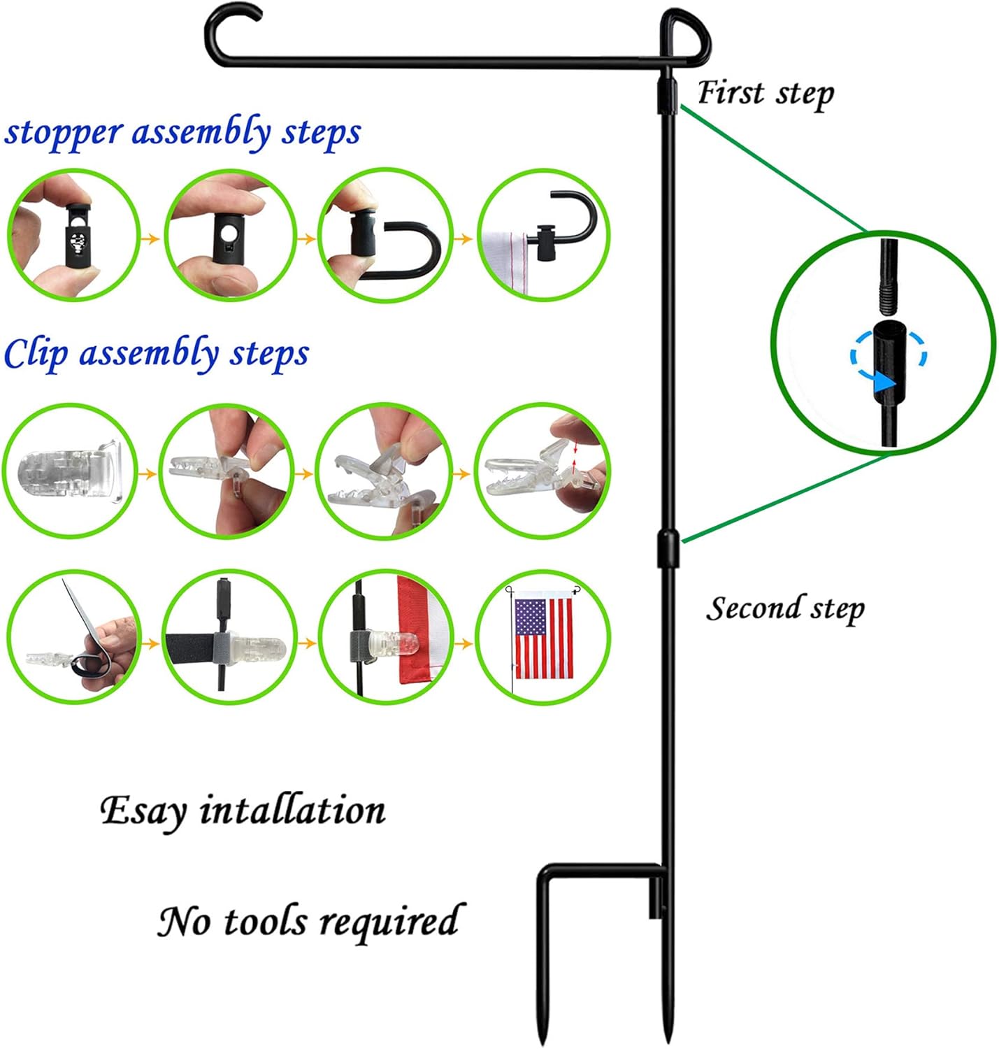 Garden Flag Stand-Holder-Pole with Garden Flag Stopper and Anti-Wind Clip 36.3"H x 16.5"W For USA Flag Or Season Garden Flags Keep Your Flags from Flying Away in High Winds : Garden & Outdoor