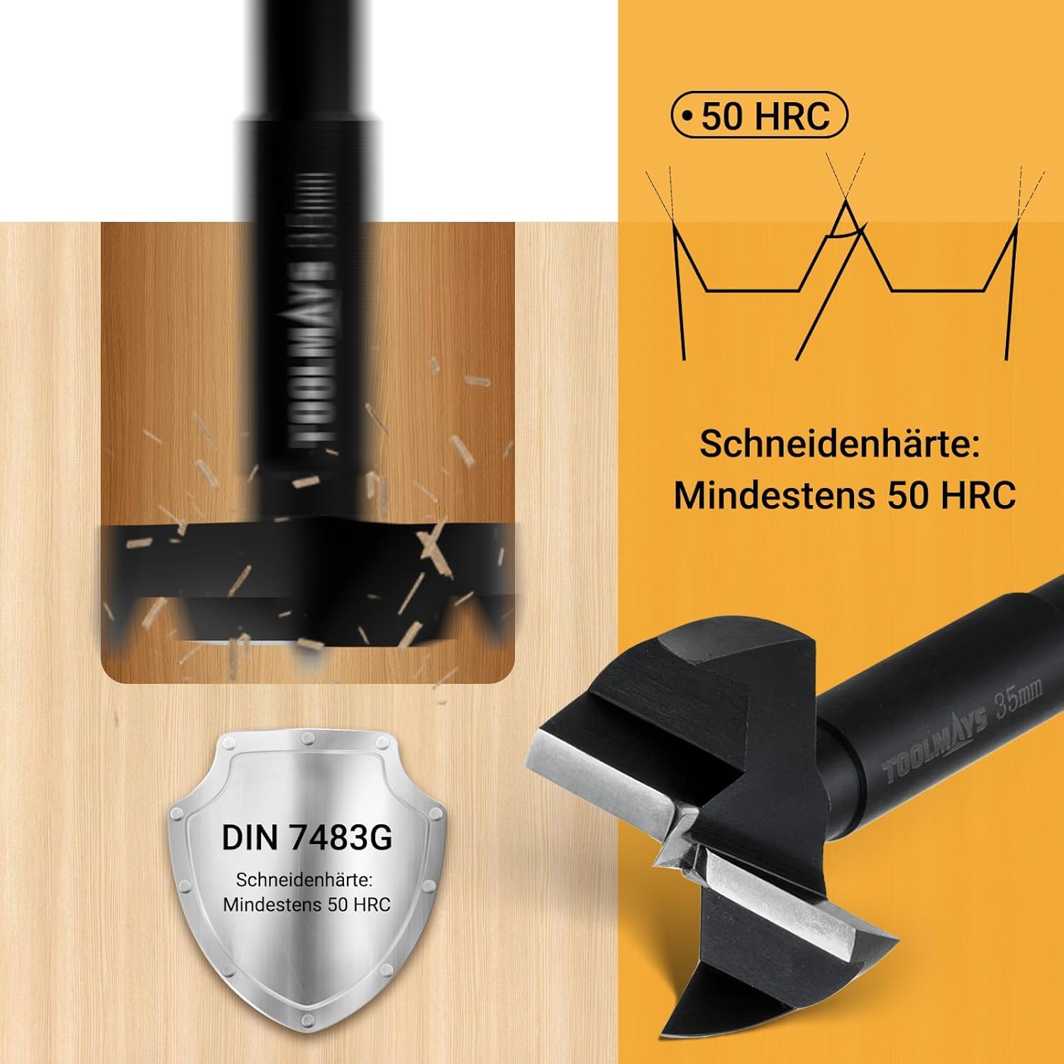 TOOLMAYS Forstnerbohrer Set 5tlg. Astlochbohrer für Holz Ø 20/35/40/45/50 mm, Länge 90 mm Holzbohrer set 5