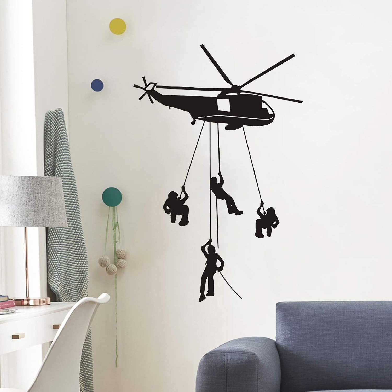 Military Helicopter Wall Decals Army Decor for Boys Room, Soldiers Parachuting Wall Stickers Vinyl Helicopter Silhouette Wall Posters for Kids Bedroom Playroom Nursery