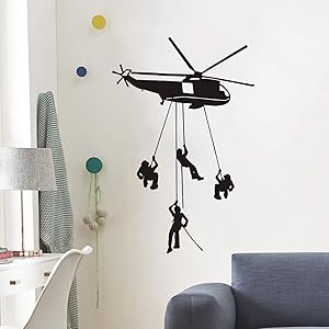 Military Helicopter Wall Decals Army Decor for Boys Room, Soldiers Parachuting Wall Stickers Vinyl Helicopter Silhouette Wall Posters for Kids Bedroom Playroom Nursery