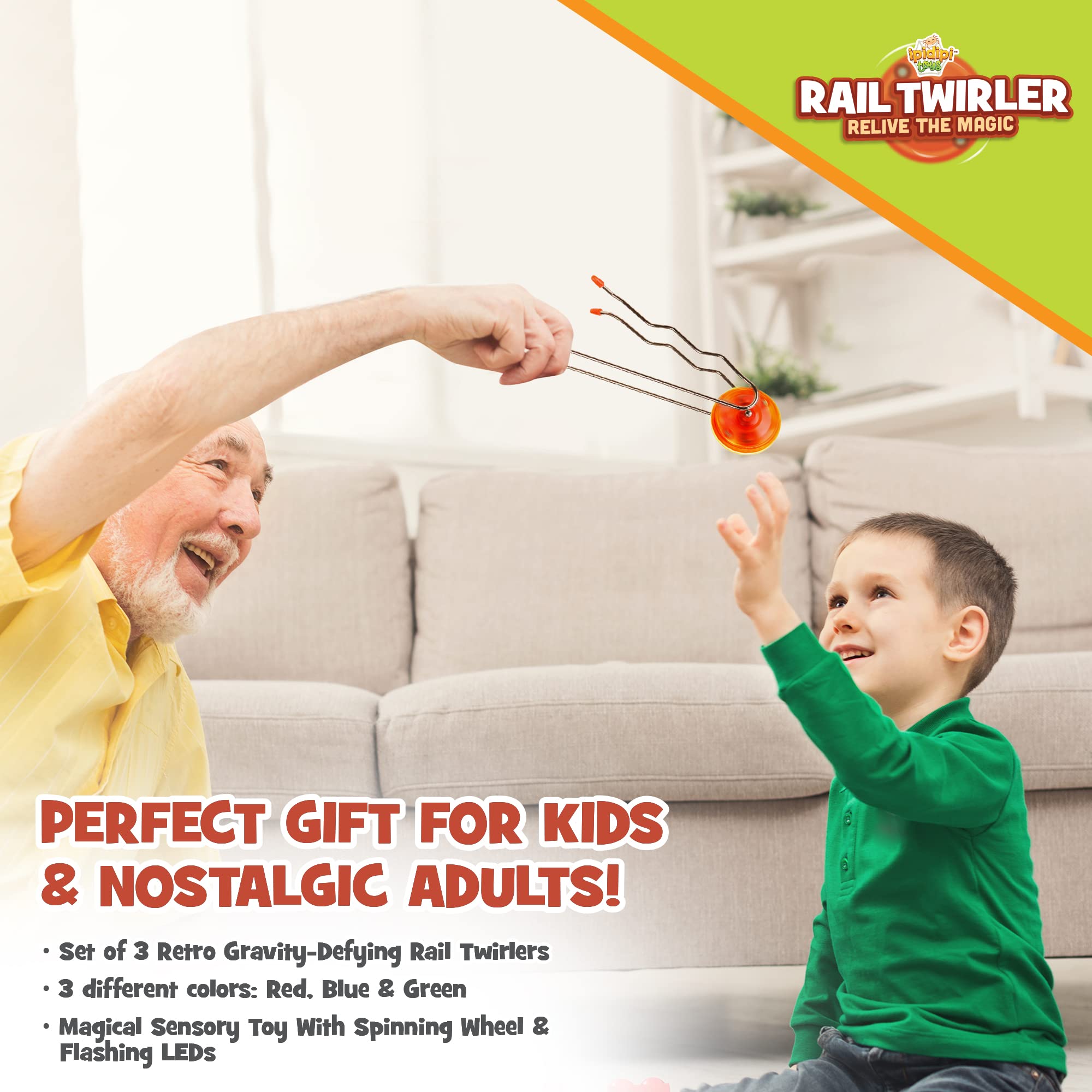 Retro Magic Rail Twirler - 3 Pack - Light Up Magnetic Stocking Stuffers For Kids - Sensory Toy With Spinning Wheel and Flashing LEDs | Rail Twister Vintage Fidget Toy for Adults & Children | 3 Colors