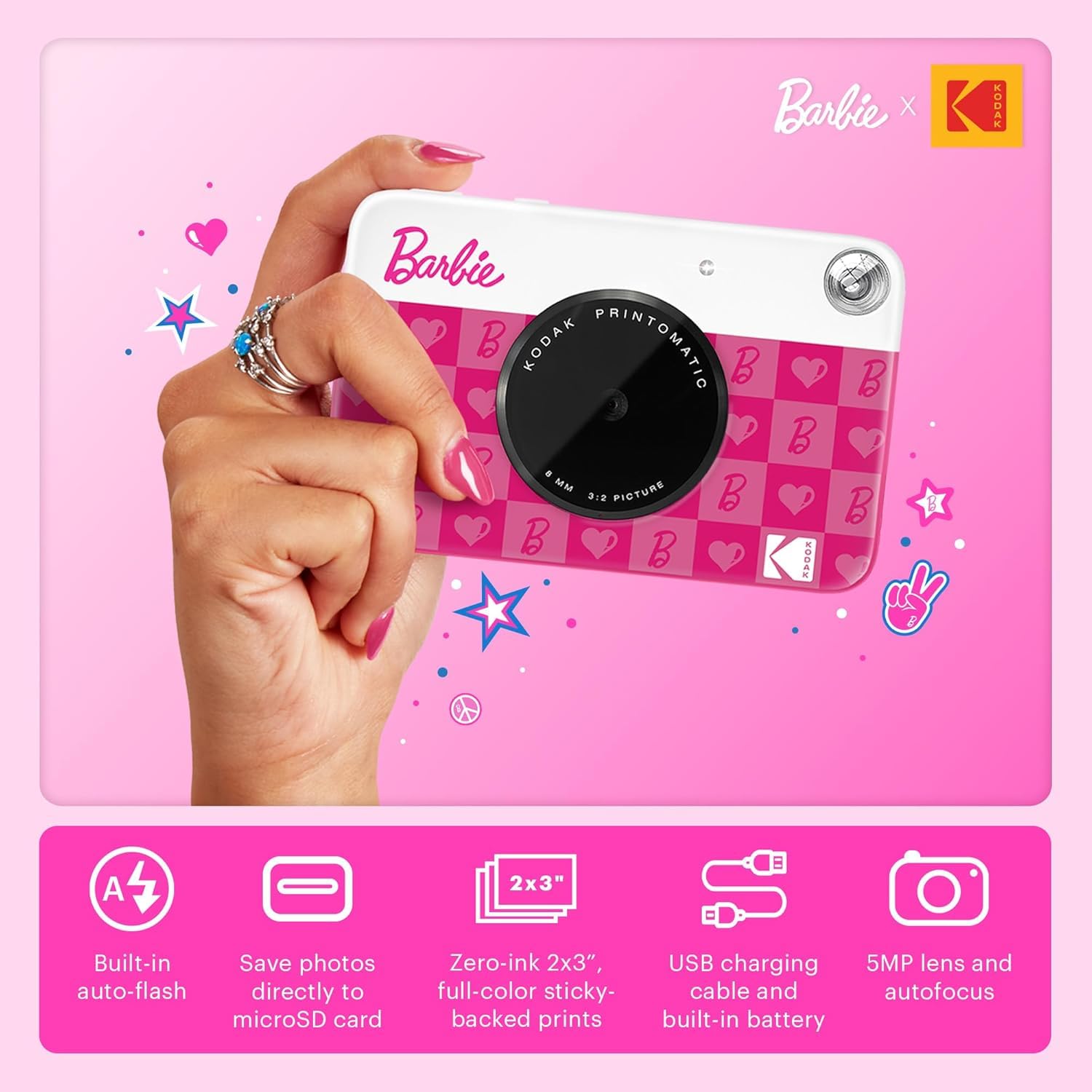 Barbie X Kodak Printomatic Cámara Digital – 5MP, Imprime Fotos 2x3” Autoadhesivas, Diseño Icónico Rosa