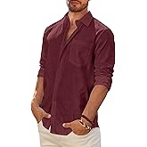 DEMEANOR Mens Linen Shirt Long Sleeve Casual Cotton Solid Regular Fit Wedding Summer Beach Button Down Shirt