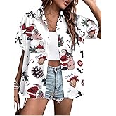 Christmas Shirt Women Happy New Year Xmas T-Shirt Funny Christmas Tree Plaid Graphic Tee Button Down Short Sleeve Blouse Top