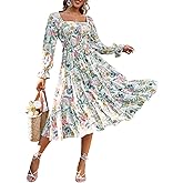 Amegoya Women's Boho Flowy Long Sleeve Square Neck Floral Midi Dress Smocked Spring Fall Wedding Guest Dresses