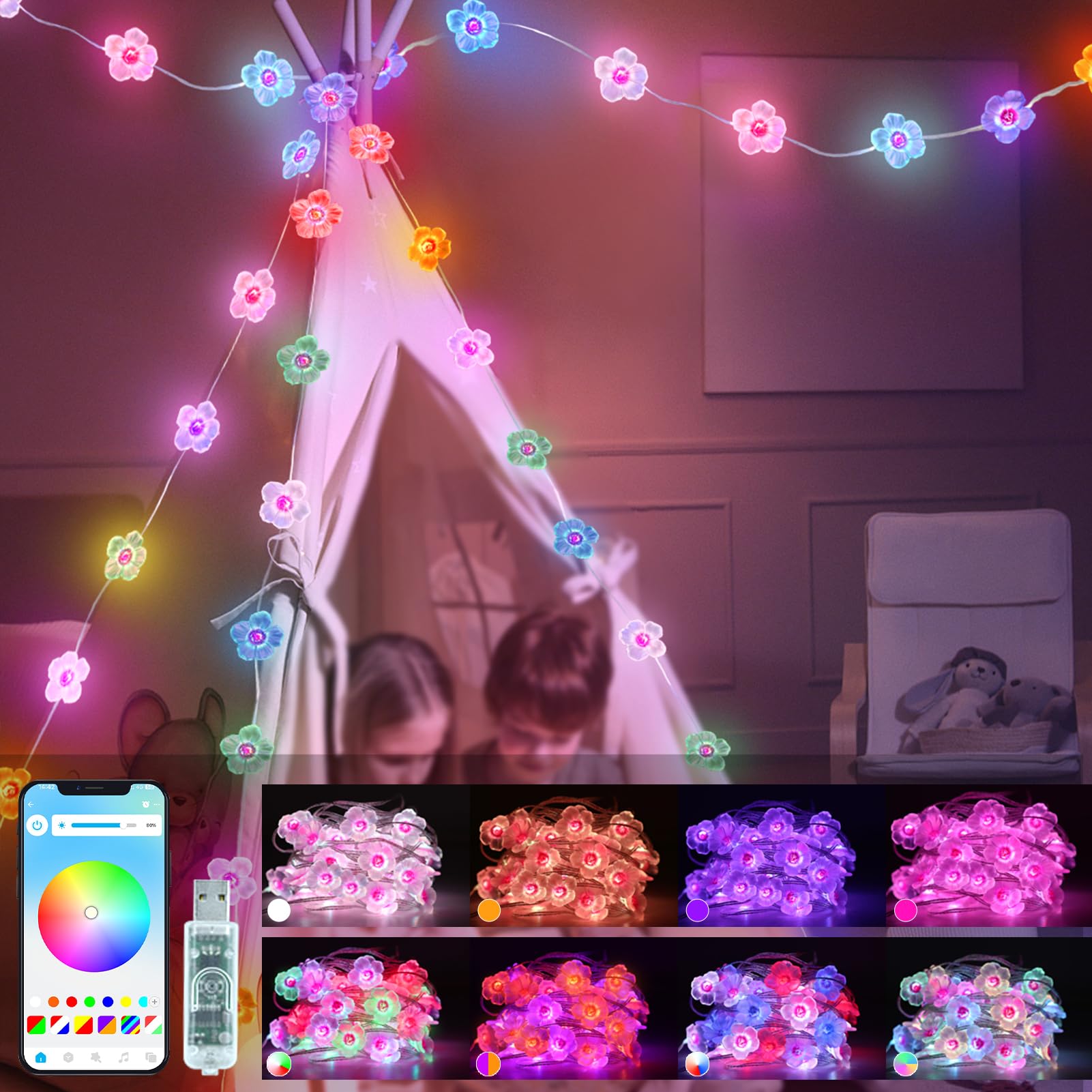 Photo 1 of echosari Cherry Blossom Flower String Lights, 33ft 16 Million Color Chaning Fairy Lights Plug in APP & Remote Control DIY Music Sync Flower Light for Bedroom Dorm Wedding Decor