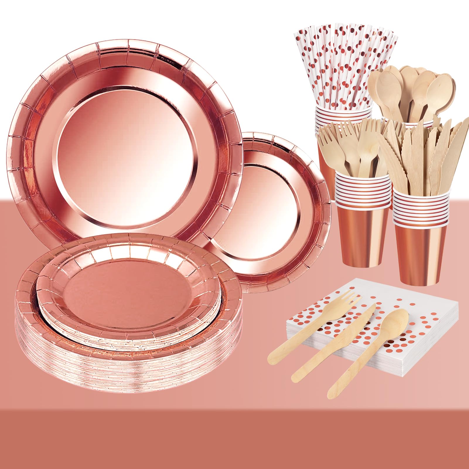 Nkaiso Party Tableware 193 Pcs Rose Gold Foil Party Supplies, Party Paper Cups Plates Napkins Cutlery, for Birthday Weddings Anniversary Decorations -20 Guests