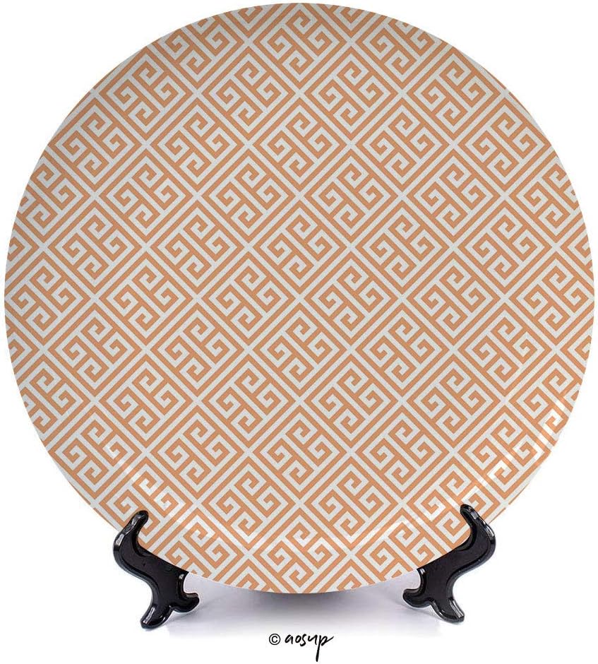 AngelDOU №00641 Porcelain Plates Ceramic Decorative Plates/Greek Key, Frieze Pattern in Pastel Orange Historical Motif in Diagonal Squares Mosaic, Orange White / 10 Inch