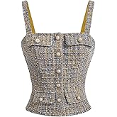 Floerns Women's Elegant Tweed Button Front Plaid Camisole Sleeveless Tank Tops