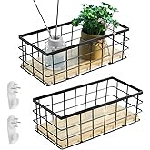 Small Metal Wire Basket for Wall Mount 2 PCS - Metal Wire Storage Basket Wood Base, Toilet Paper Basket, Wall Hanging Wire Storage Organizer, Farmhouse Basket Bin for Bathroom Kitchen Bedroom