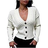 WDIRARA Women's V Neck Button Up Cardigan Sweaters Long Sleeve Cable Knit Cropped Outerwear