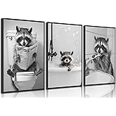 Funny Raccoon Bathroom Canvas Wall Art Black and White Cute Raccoon Sitting on Toilet Poster Print Artwork Humor Adorable Animals Pictures Wall Decor for Washroom Restroom laundry 12x16in Unframed