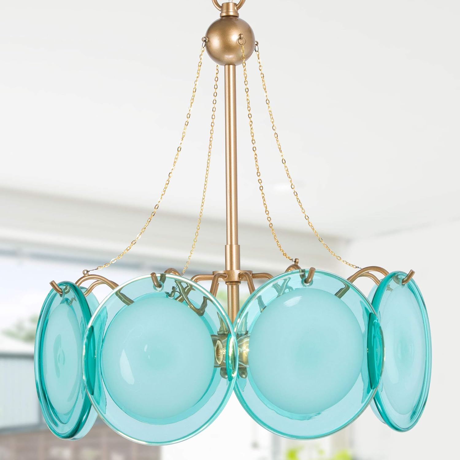 Chandeliers for Dining Rooms, Gold Drum Chandelier, Modern Pendant Light Fixtures with High-end Blue Glass Shade and Gold Finish for Kitchen Island, Foyer & Bedroom