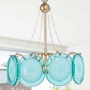 Chandeliers for Dining Rooms, Gold Drum Chandelier, Modern Pendant Light Fixtures with High-end Blue Glass Shade and Gold Finish for Kitchen Island, Foyer & Bedroom