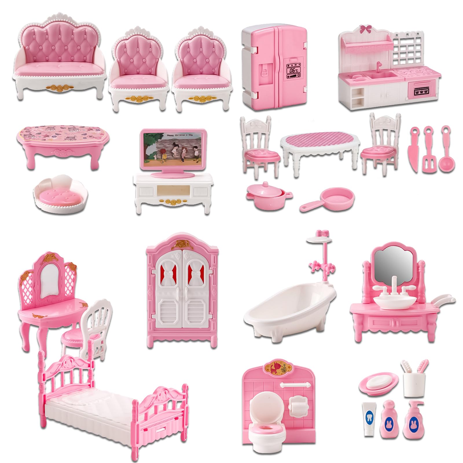 32Pcs Dolls House Furniture Set Mini Building Blocks Dollhouse Minihouse Realistic Miniatures DIY Accessories Kit for Kids Childs Gifts Family
