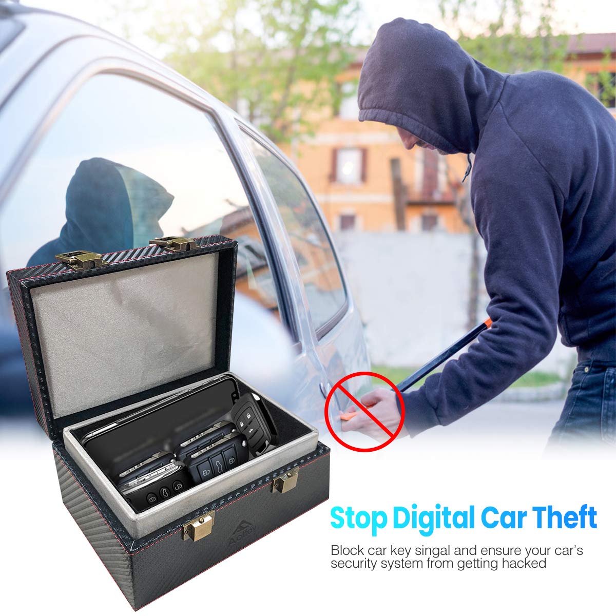 Aolfay Faraday Box, Signal Blocker Box for Car Keys, Keyless Cars Security Anti Theft Large Storage Box with 5 RFID Signal Blocking Cases, Shielding Pouch for Cell Phone and Car Key Privacy Protection