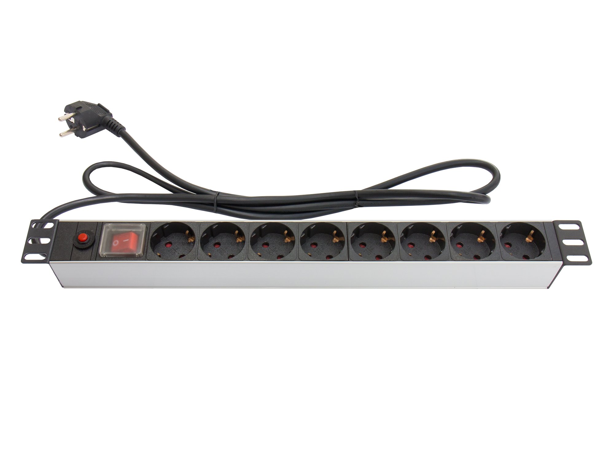 Good Connections power strip 19 "(1U) - earthing contact plug to 8x earthing contact socket - switch with switch protection, ÜSS, child protection, wall mounting - aluminum profile, silver