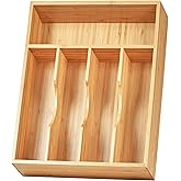 Umilife Kitchen Drawer Organizer, 10 Inch Silverware Utensil Tray Holder, Extra Deep, with Non-Slip Feet & Grooved Drawer Divider, 5 Slots Total Bamboo Wood Caddy for Flatware Cutlery Knives