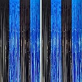 2 Pack 3.3x6.6ft Black Blue Metallic Tinsel Foil Fringe Backdrop Curtain Window Door Streamers Birthday Father's Day Halloween Bachelorette Graduation Video Games Retirement New Year Party Decoration