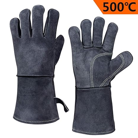 OZERO 500°C Hitzebeständig Grillhandschuhe,Leder BBQ kaminhandschuh fur Grill,BBQ,Ofen-Grau(35.5 cm)