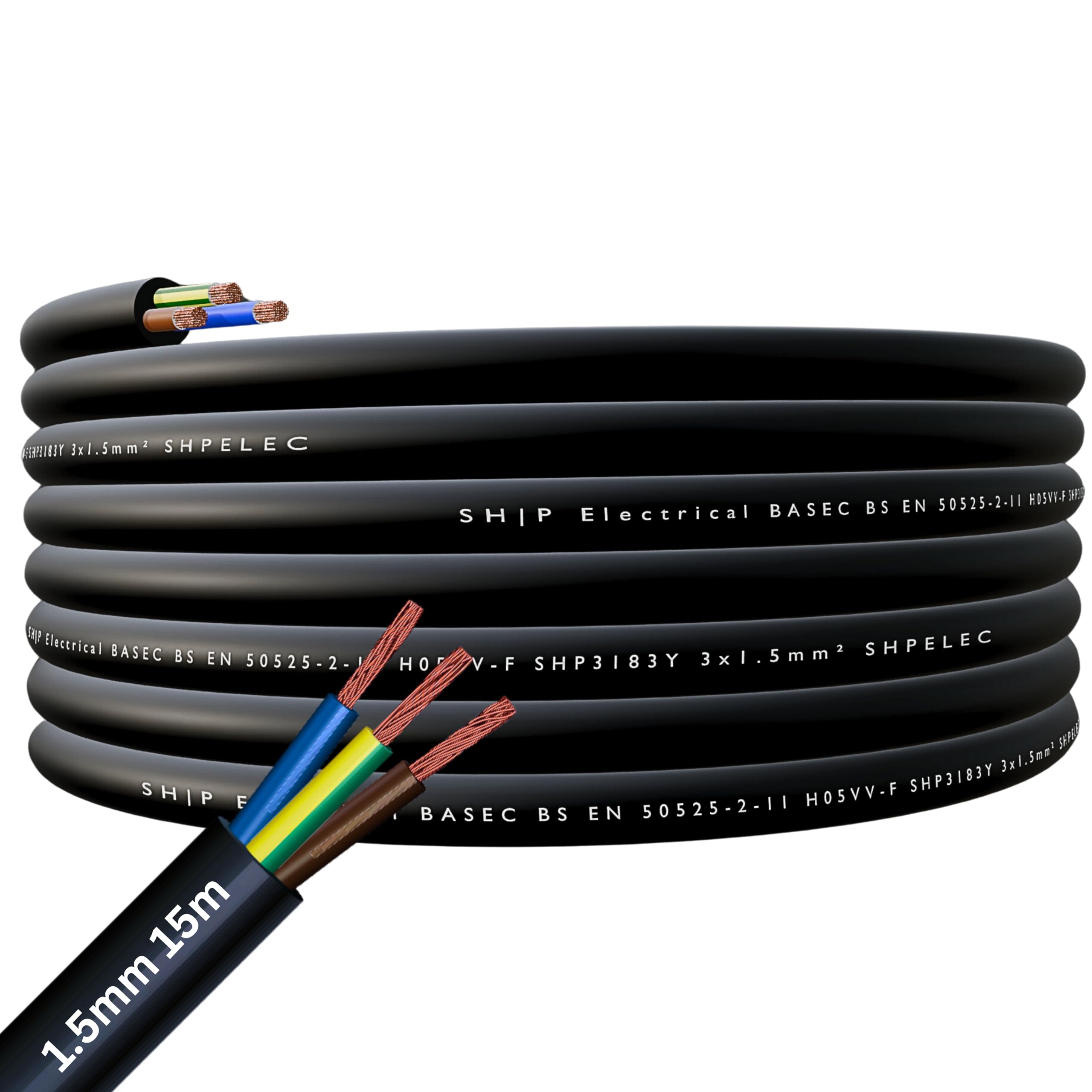 SHPELEC® FLEXIBLE Black Cable 3183Y 0.75mm, 1.0mm, 1.5mm, 2.5mm BASEC Approved Black PVC LED Lighting 5m 10m 15m 20m 50m (1.5mm 3 Core - 15metres)