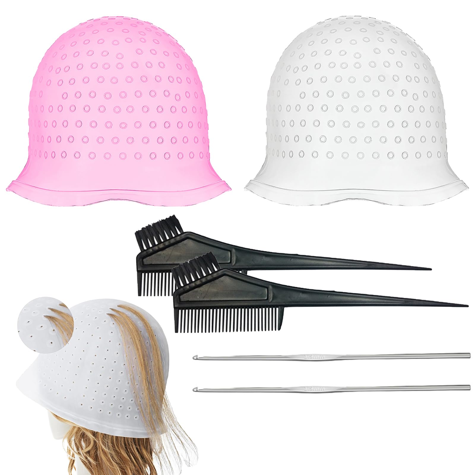 6 Pcs of Highlighting Cap, Highlighting Kit with Hook and Coloring Brush, Hair Highlighting Kit, Reusable Silicone Hat for Beauty Salons, Suitable for Men and Women'S Hair Dyeing with Highlighting Cap