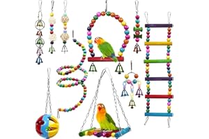 AQH Bird Parrot Toy, 10Pcs Bird Swing Toys Bird Chewing Toys, Colourful Pet Bird Toys with Wooden Hanging Stand Ladder Cage Hanging Bell for Birds, Parrots