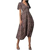 WDIRARA Women's Floral Twist V Neck Midi Dresses Short Sleeve Flowy Aline Dress