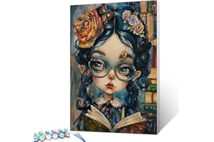 TUMOVO Female Student Wearing Glasses Paint by Numbers for Adults Cute Girl Hold The Book DIY Acrylic Watercolor Paintwork for Kids Beginners Graffitic Painting Arts Craft Home Decor16X20 inch（DIY Frame)
