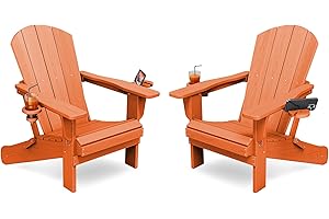 KINGYES Folding Adirondack Chair Set of 2, Dual Cup Holders & All-Weather HDPE, Wood-Like Patio Chair for Backyard, Camping, Pool & Fire Pit, Orange