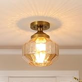 Fivemengo 9in Semi Flush Mount Ceiling Light, Gold and Small Amber Glass | Gold Mid Century Modern Vintage Ceiling Mount Lighting for Kitchen Entryway Hallway Bedroom Dining Room Foyer Laundry